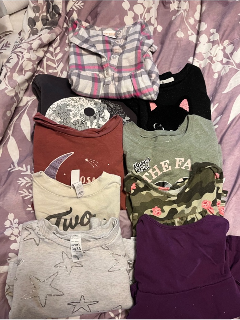 Girls Mixed Tops Lot - Plaid, Camouflage Floral, Stars, Graphic Tees